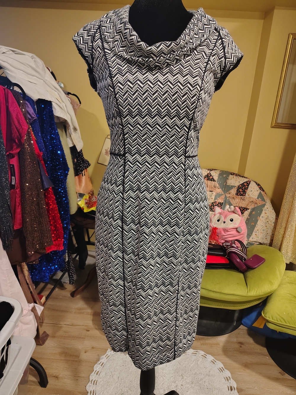 White House Black Market Black & White Chevron Cowl Neck Midi Dress